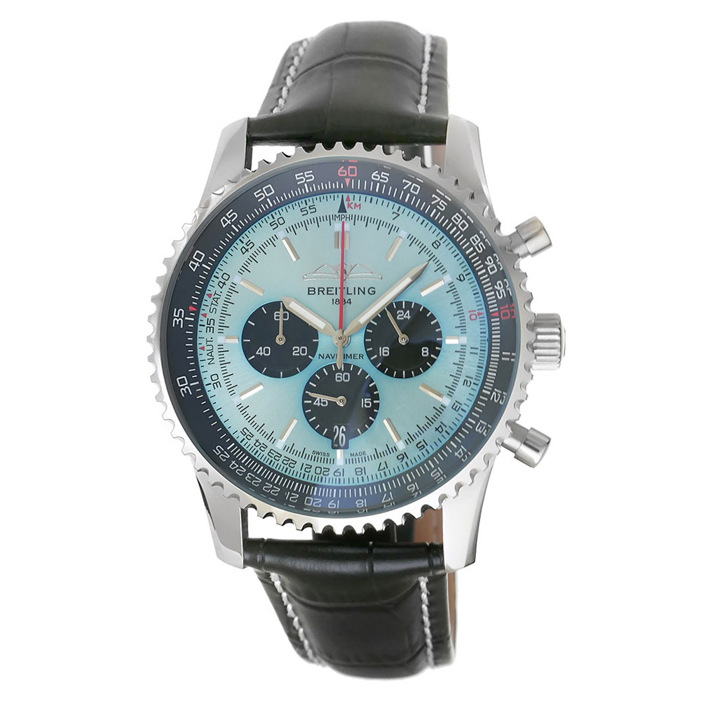 Breitling Navitimer B01 Chronograph Replica 46mm B01 Steel Chronograph Skyblue-Black Dial Croco Leather Strap AB0138241C1P1