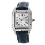 Cartier Santos Dumont Stainless Steel Replica 38 x 27,5 mm Steel Silver Dial Blue Croco Leather Strap