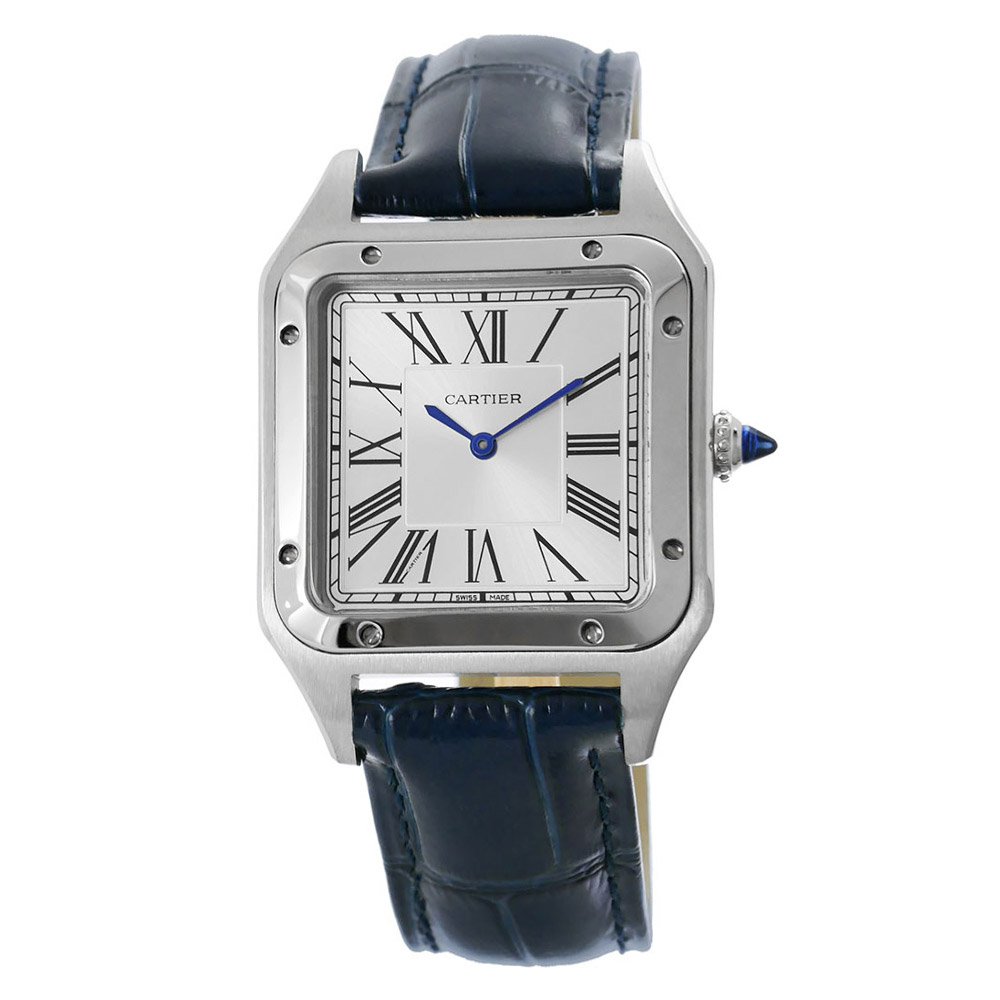 Cartier Santos Dumont Stainless Steel Replica 38 x 27,5 mm Steel Silver Dial Blue Croco Leather Strap