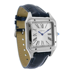 Cartier Santos Dumont Stainless Steel Replica 38 x 27,5 mm Steel Silver Dial Blue Croco Leather Strap