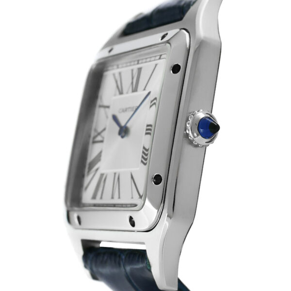 Cartier Santos Dumont Stainless Steel Replica 38 x 27,5 mm Steel Silver Dial Blue Croco Leather Strap