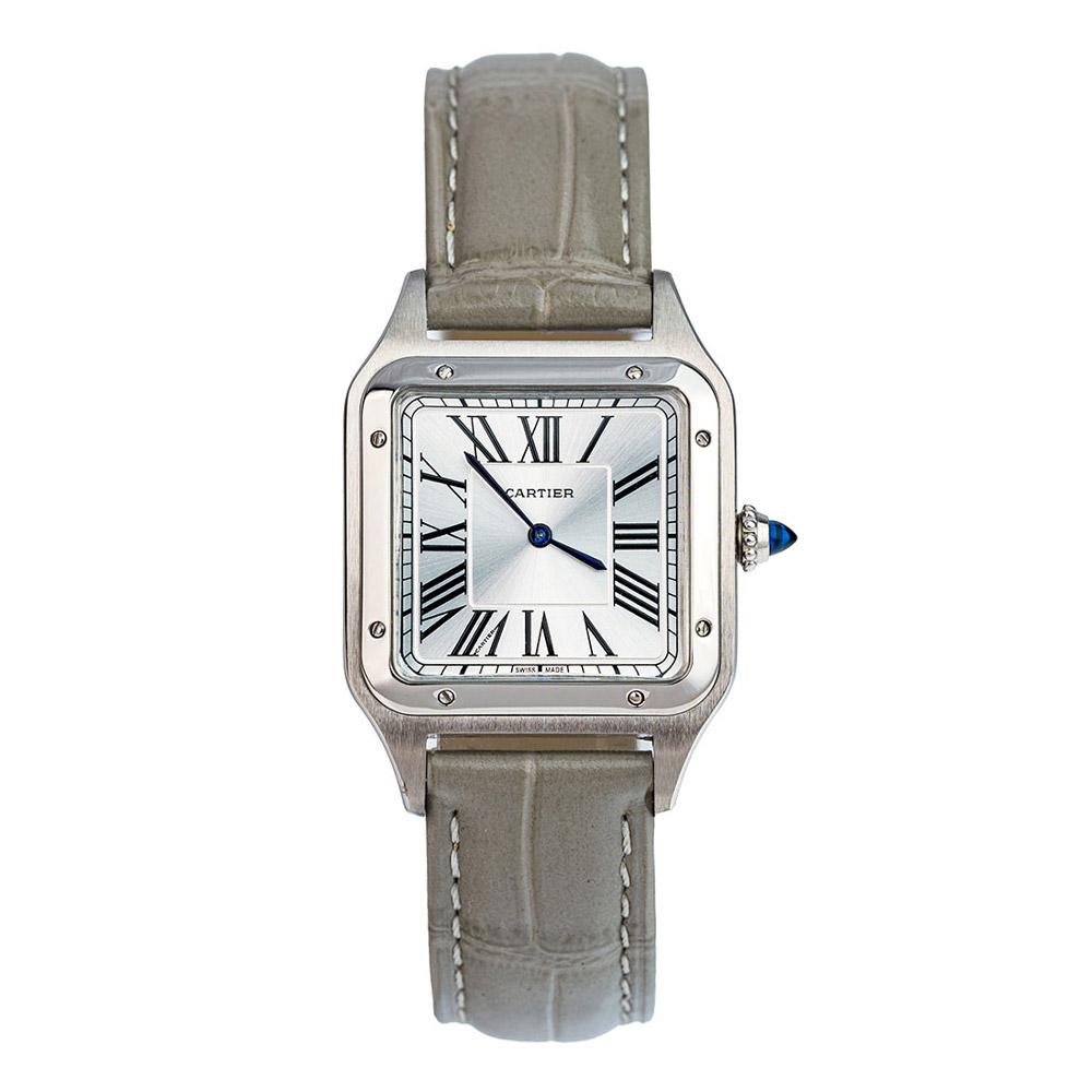 Cartier Santos Dumont Stainless Steel Replica 38 x 27,5 mm Steel Silver Dial Grey Croco Leather Strap