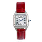 Cartier Santos Dumont Stainless Steel Replica 38 x 27,5 mm Steel Silver Dial Red Croco Leather Strap