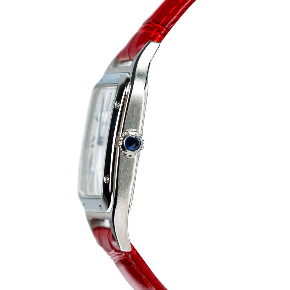 Cartier Santos Dumont Stainless Steel Replica 38 x 27,5 mm Steel Silver Dial Red Croco Leather Strap