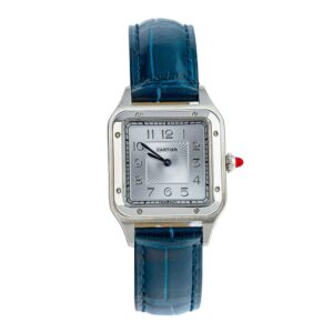 Cartier Santos Dumont Stainless Steel Replica 41,9 mm x 35,1 mm Steel Silver Dial Sky Blue Croco Leather Strap