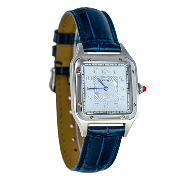 Cartier Santos Dumont Stainless Steel Replica 41,9 mm x 35,1 mm Steel Silver Dial Sky Blue Croco Leather Strap