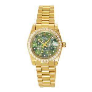 Rolex Datejust 31 Yellow Gold Replica 31mm President Midsize Full Yellow Gold Diamonds Green Floral Dial