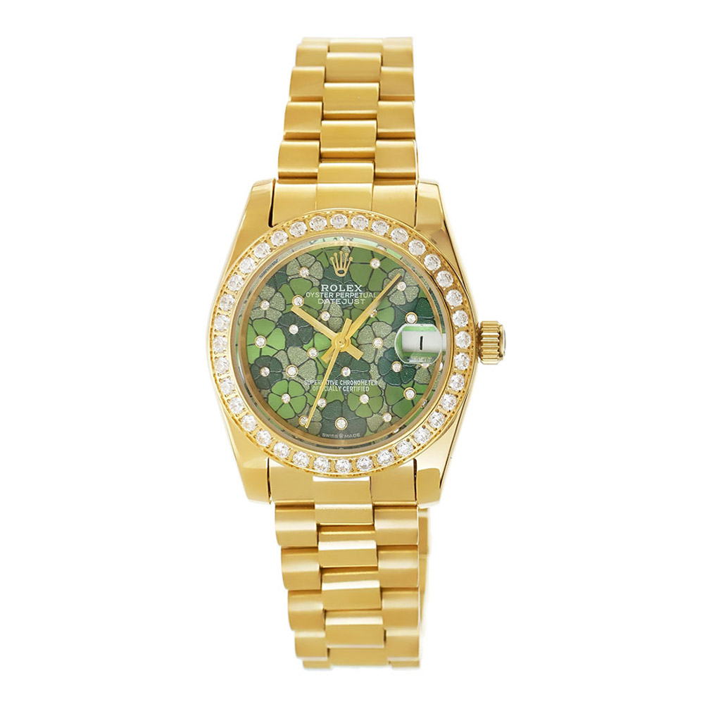 Rolex Datejust 31 Yellow Gold Replica 31mm President Midsize Full Yellow Gold Diamonds Green Floral Dial