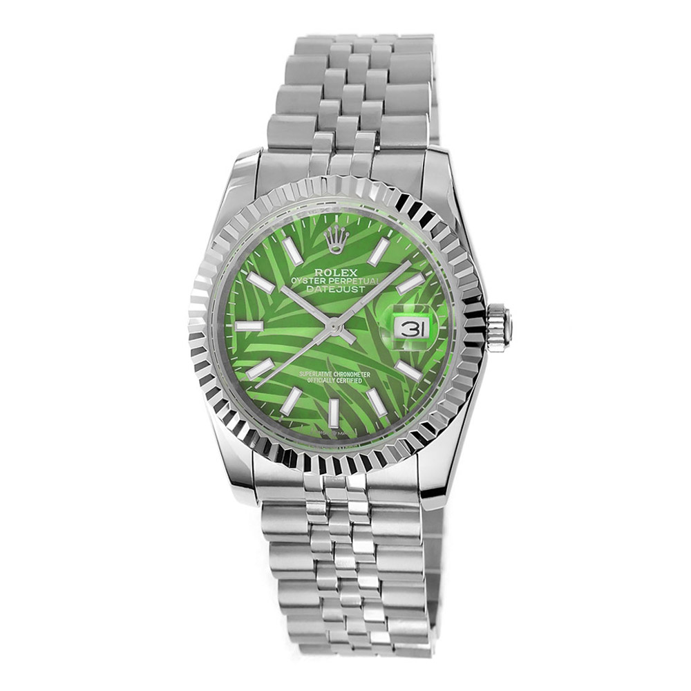 Rolex Datejust 36 White Gold Replica 36mm Steel White Gold Bezel Palm Green Motif Dial